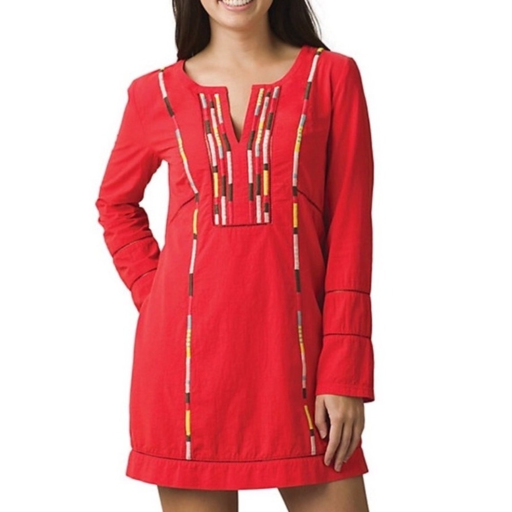 Prana Lahela Tunic Dress Carmine Pink Embroidered V-Neck Long Sleeve Size S